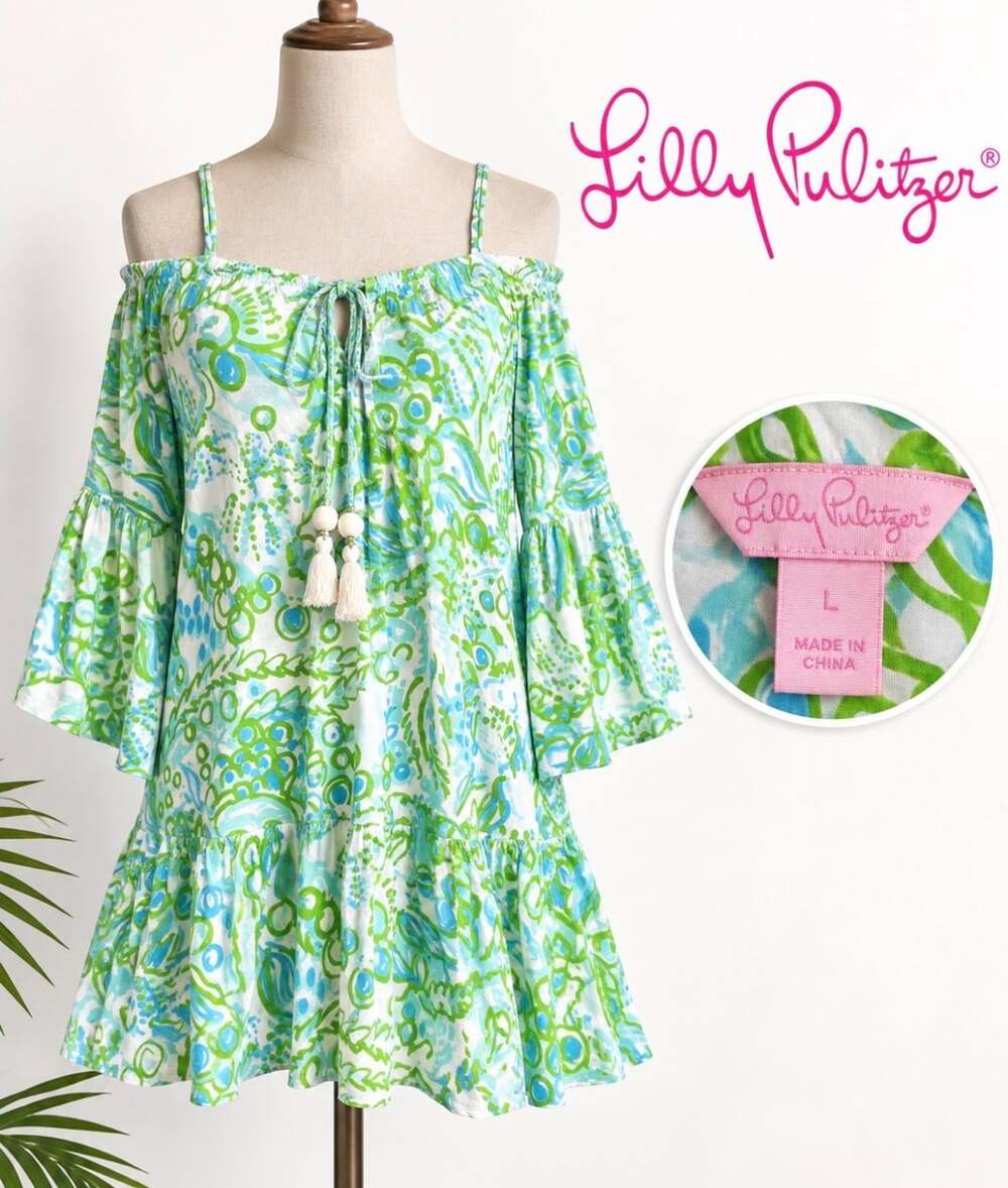 Lilly Pulitzer Alanna Off Shoulder Dress L Any Fins Possible Resort Mini